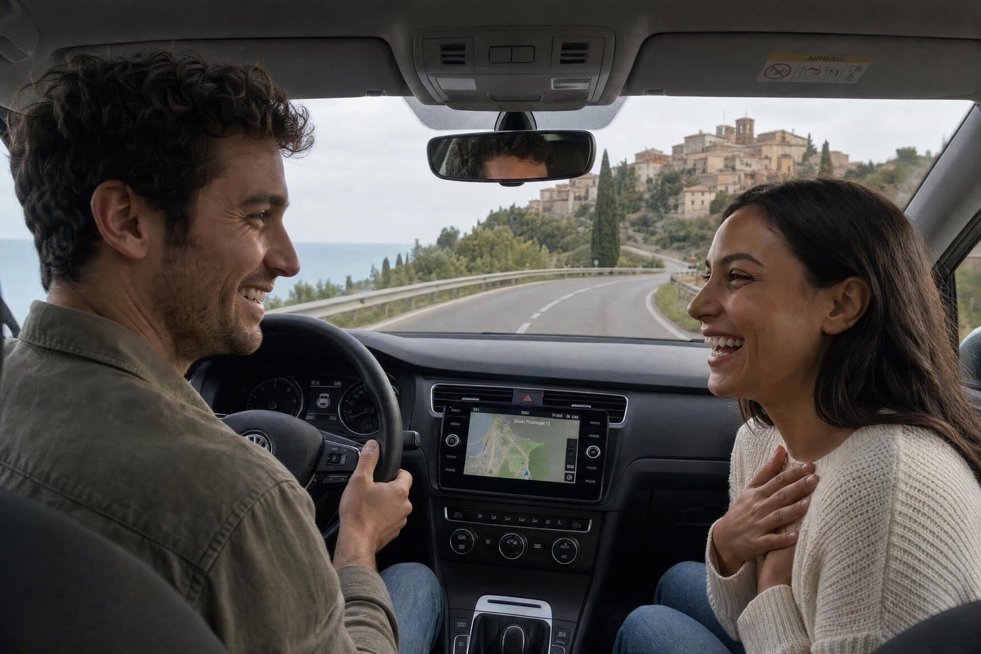 A couple laughing together on a coastal road trip